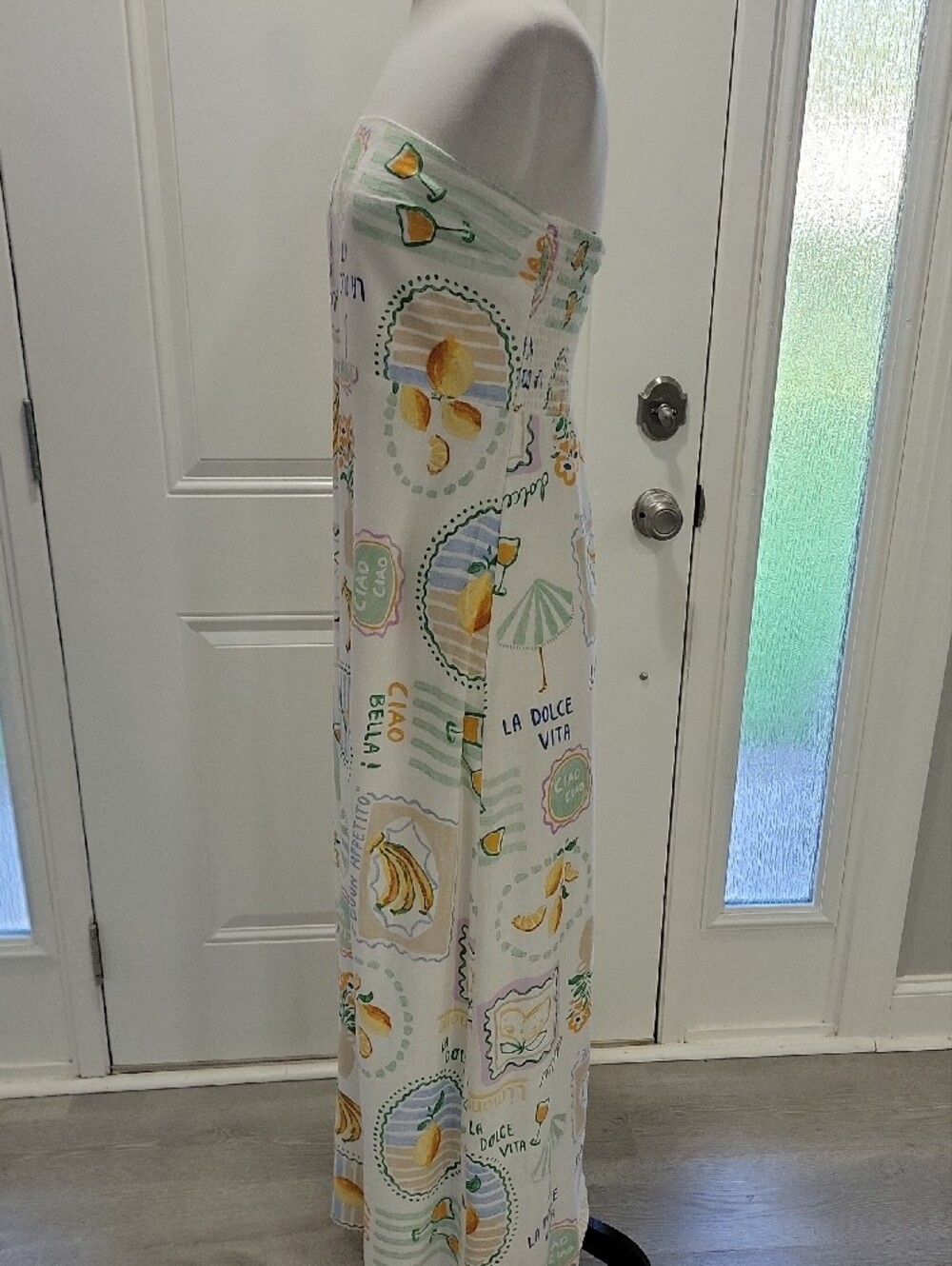 Strapless Linen Blend Pastel Print Maxi Dress - White & Yellow - Picture 5 of 10